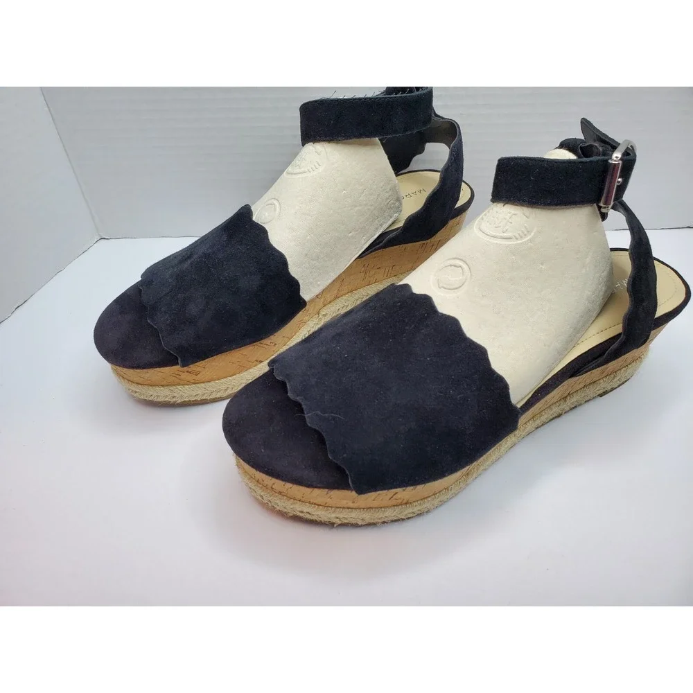 Marc Fisher MF Faithful Espadrille Sandals Platform Wedge Suede Leather Black 9M